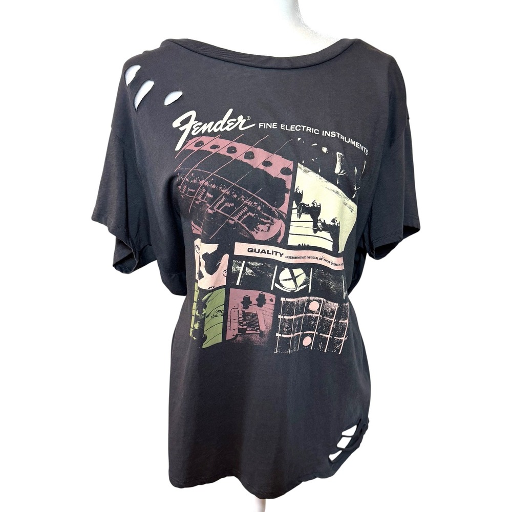 Fender Distressed Graphic Tee OS Gray Oversized Open Back Cutout Festival Shirt